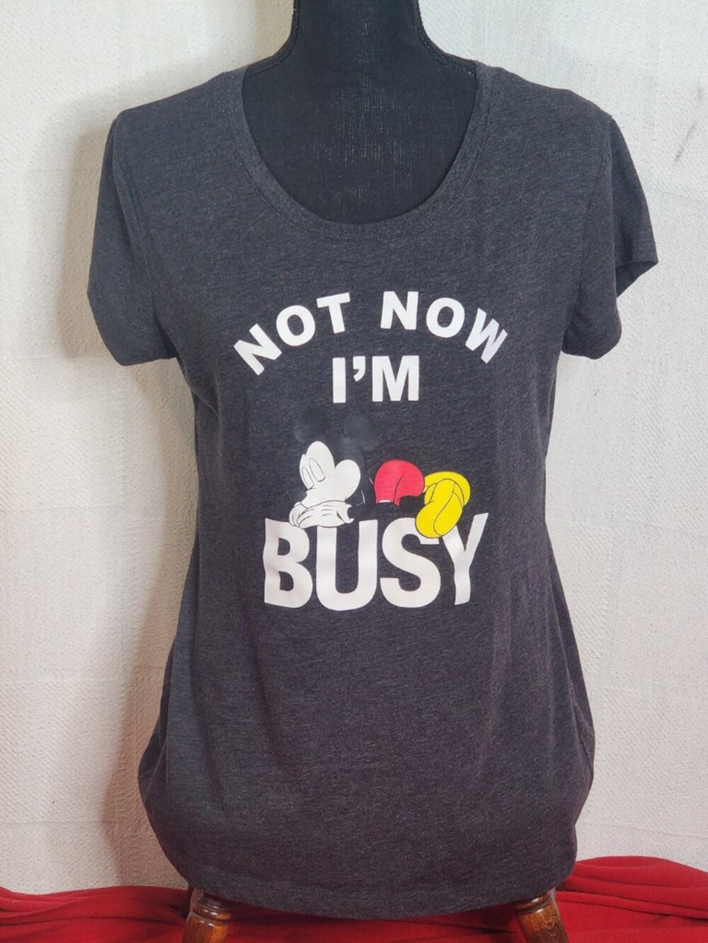 Disney Grey Black Mickey Mouse Graphic Not Now I'm Busy SS Cotton Poly Tee Sz XL - Picture 2 of 16